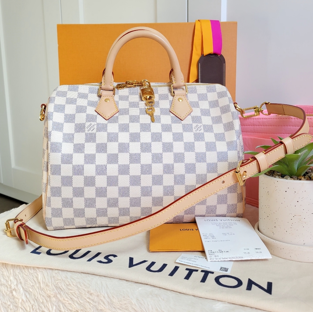 BEAUTIFUL🍁 Louis Vuitton White Speedy 30 Bandouliere Damier Azur Satchel
